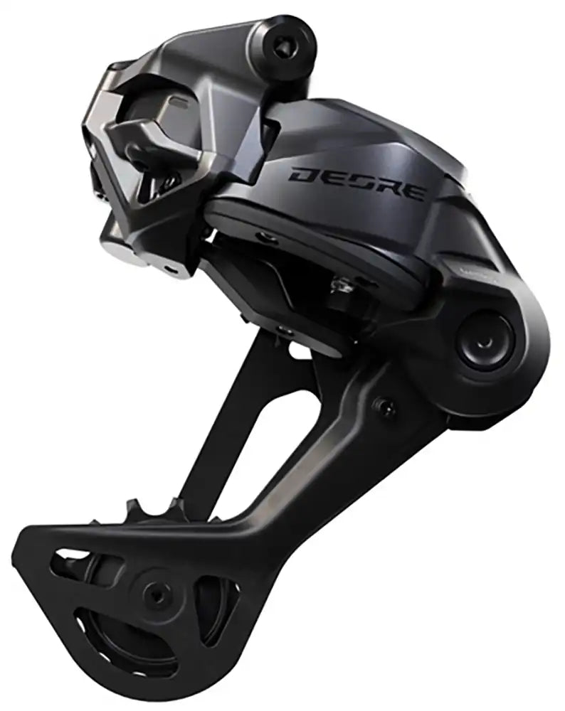 Shimano Deore Di2 M6260 eMTB 11-speed rear derailleur mounted on bike, showcasing gear mechanism and sleek design.