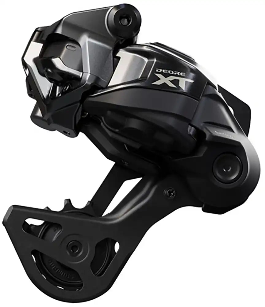 Shimano XT Di2 M8250 12-speed rear derailleur for mountain bikes, showing the black and silver component with brand logo.