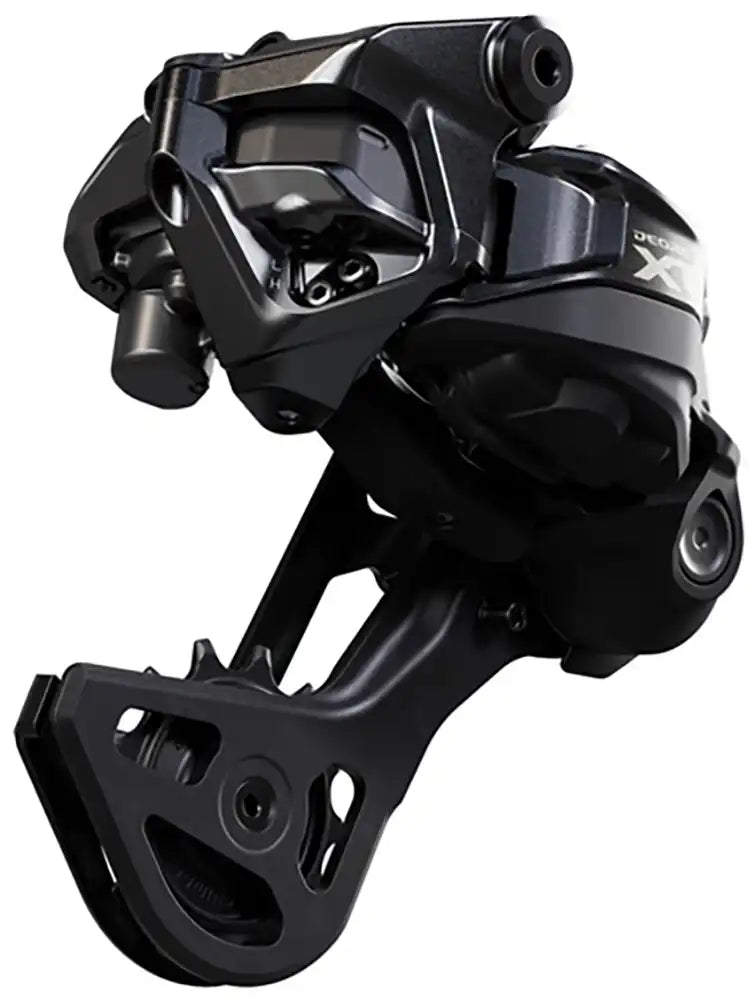 Shimano XT Di2 M8250 12-speed rear derailleur showing the black Shimano bike parts with sleek design and branding.