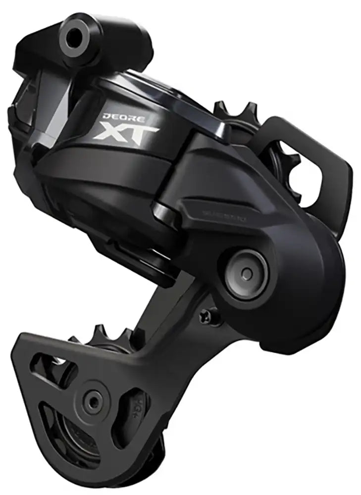 Shimano XT Di2 M8250 12-speed rear derailleur, black, with sleek design and Shimano branding, showcasing high-performance bike parts.