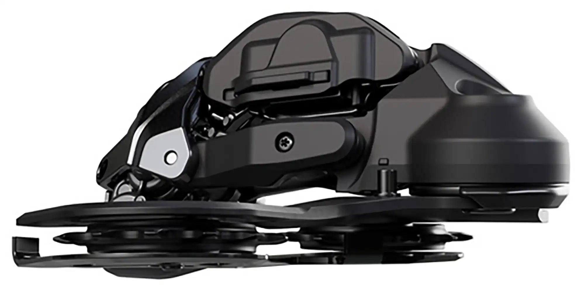 Shimano XT Di2 M8250 12-speed rear derailleur with black finish for mountain bike shifting, shown from the front angle.