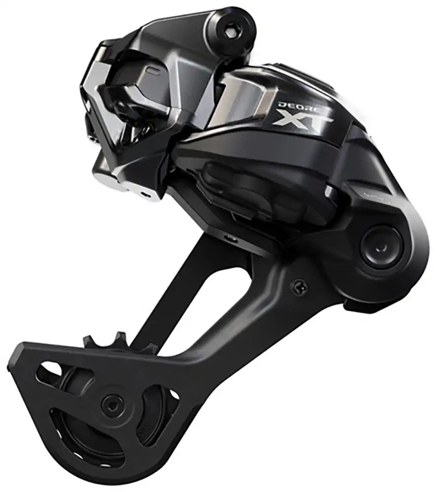 Shimano XT Di2 M8250 12-speed rear derailleur for mountain bike, showing the sleek black and silver Shimano parts design.