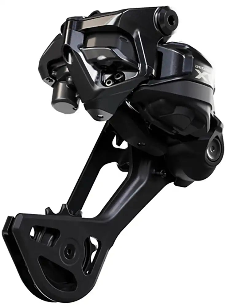 Shimano XT Di2 M8250 12-speed rear derailleur for mountain biking, showing the sleek black component with branding and gear cage.