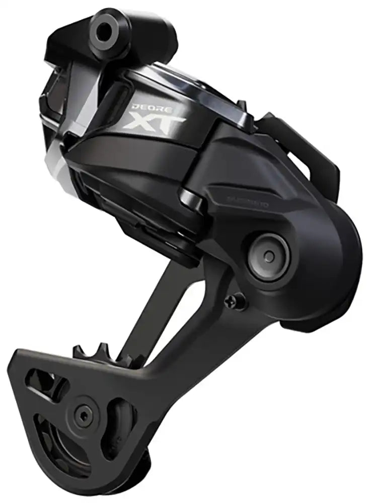 Shimano XT Di2 M8250 12-speed rear derailleur for mountain bikes, showing the sleek black Shimano component with gear adjustment screws.