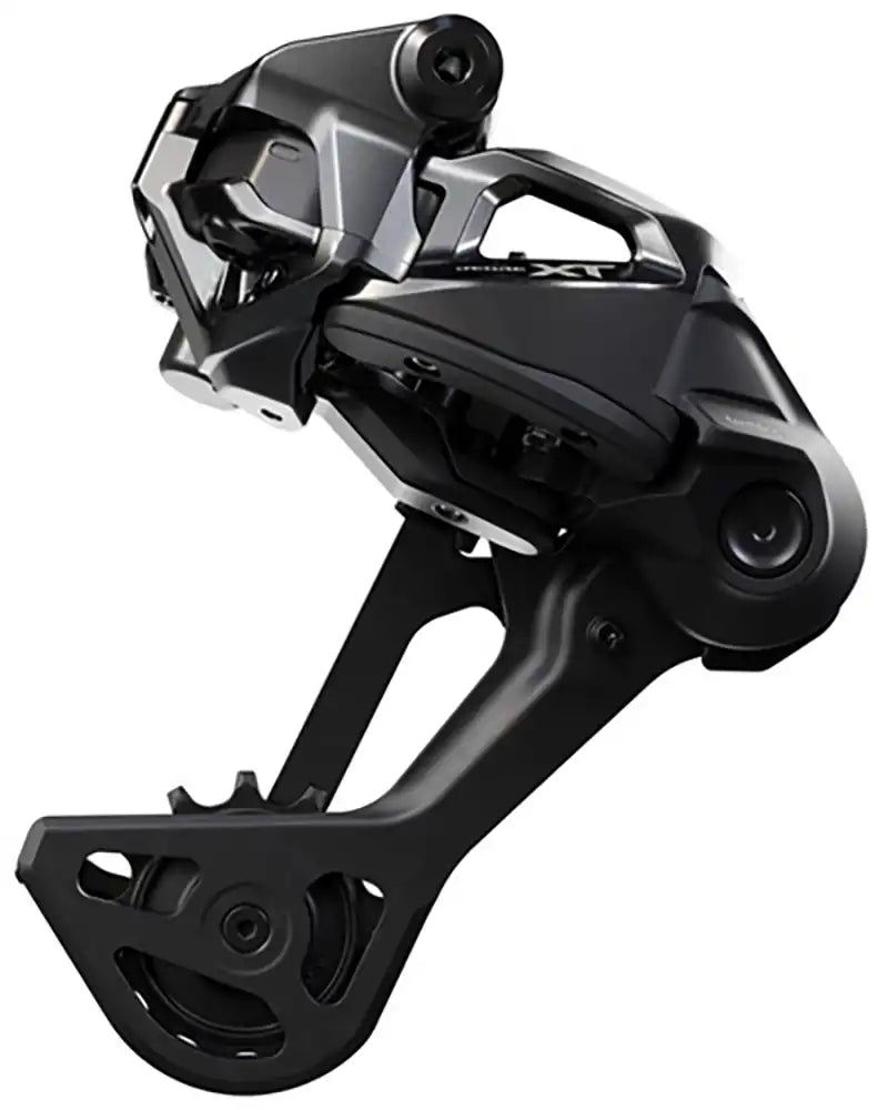 Shimano XT Di2 M8260 11-speed eMTB rear derailleur, black parts for mountain bike gear shifting.