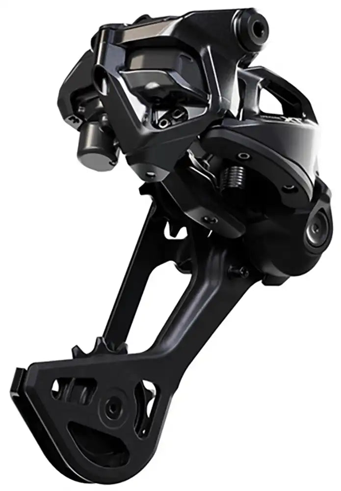 Shimano XT Di2 M8260 eMTB 11-speed rear derailleur for mountain bikes, showing the sleek black Shimano derailleur in close-up.