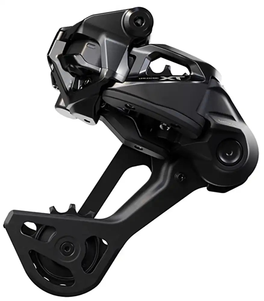 Shimano XT Di2 M8260 eMTB 12-speed rear derailleur showing the black and silver Shimano e-bike part with branding and gear mechanism.