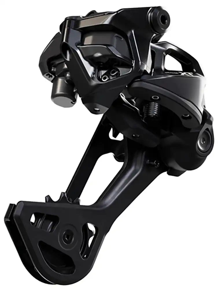 Shimano XT Di2 M8260 12-speed eMTB rear derailleur, black and silver, mounted on bike drivetrain components.