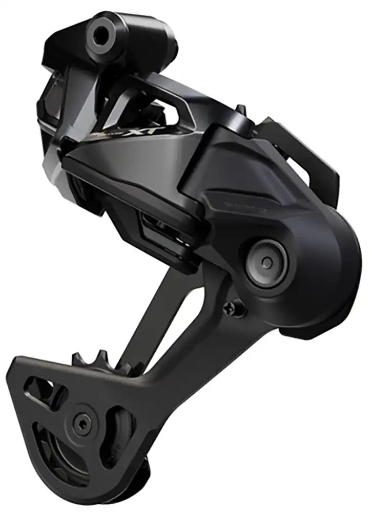 Shimano XT Di2 M8260 eMTB 12-speed rear derailleur for mountain bike, showing sleek black Shimano part with branding and gear cage.