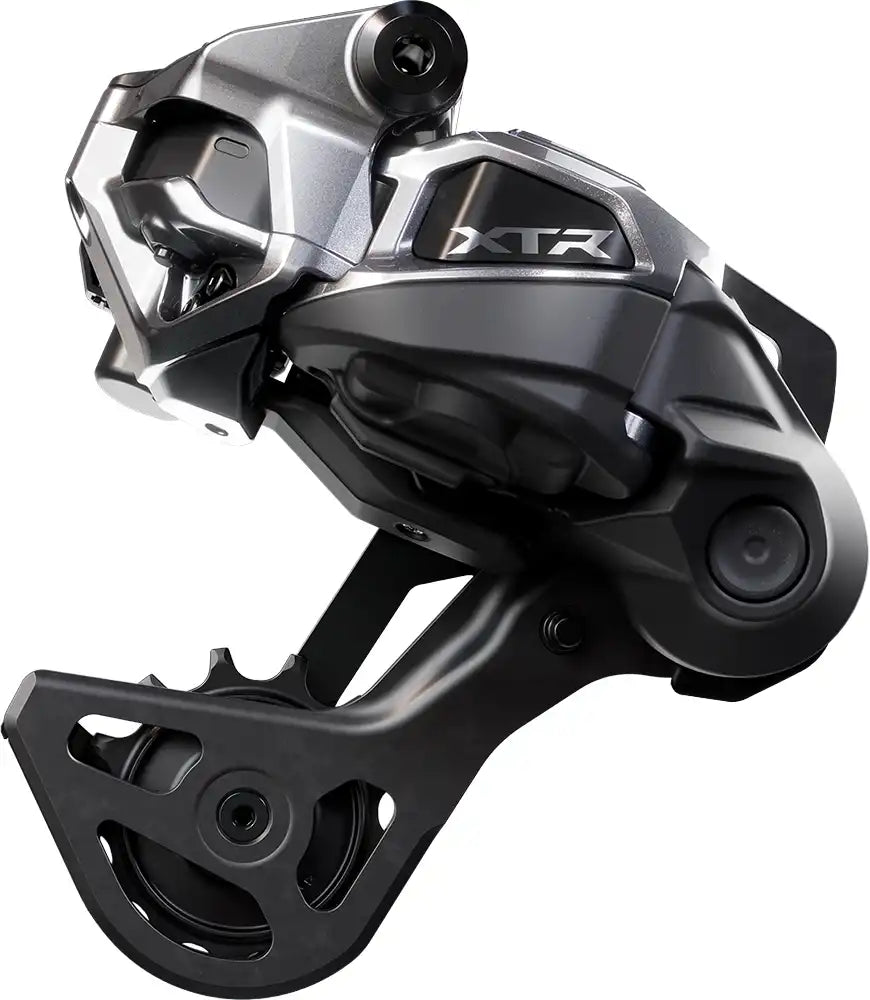 Shimano XTR Di2 M9250 12-speed rear derailleur for mountain bikes, shown in black with sleek design and gear adjustment features.