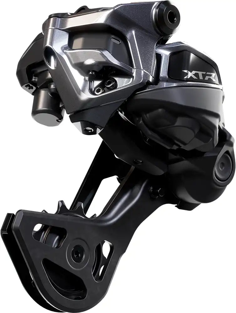 Shimano XTR Di2 M9250 12-speed rear derailleur in black with sleek design and branding, designed for mountain bike components.