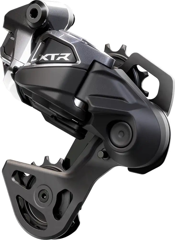 Shimano XTR Di2 M9250 12-speed rear derailleur for mountain bikes, showing the sleek black component with branding details.