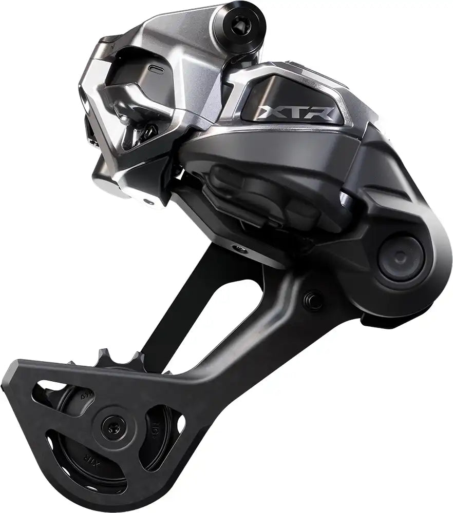 Shimano XTR Di2 M9250 12-speed rear derailleur for mountain bikes, showcasing the sleek design and gear cage.