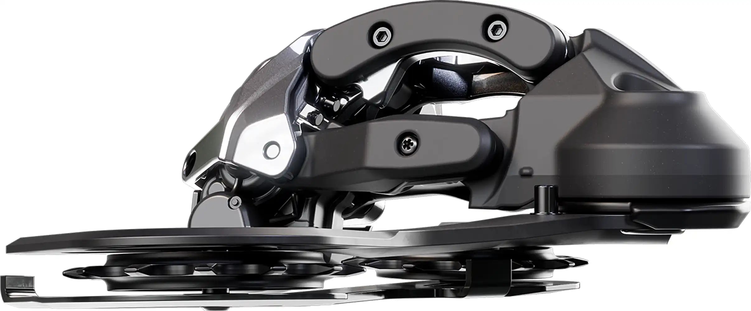 Shimano XTR Di2 M9260 eMTB 11-speed rear derailleur, black and silver, mounted on mountain bike frame, close-up view.