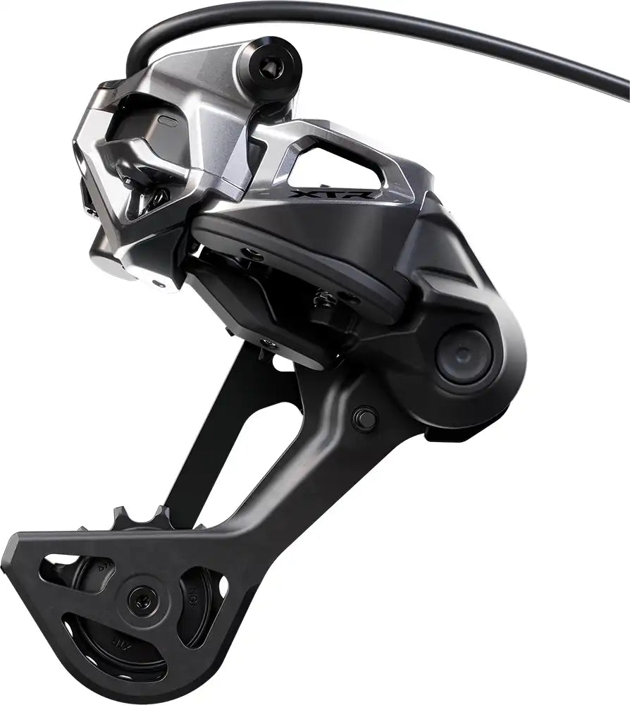 Shimano XTR Di2 M9260 eMTB 11-speed rear derailleur for mountain bikes, black with sleek design and Shimano branding.