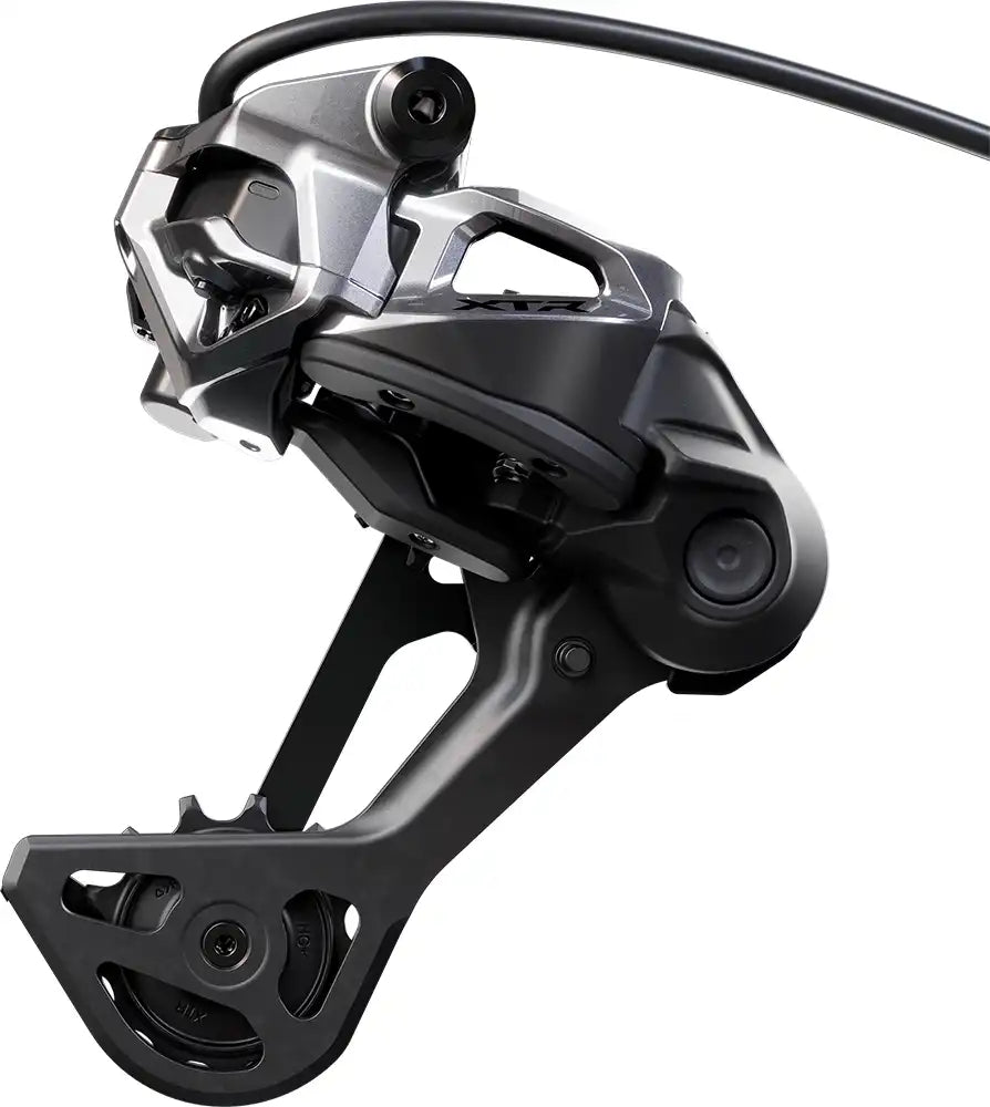 Shimano XTR Di2 M9260 eMTB 12-speed rear derailleur mounted on mountain bike, showcasing high-performance bike parts.