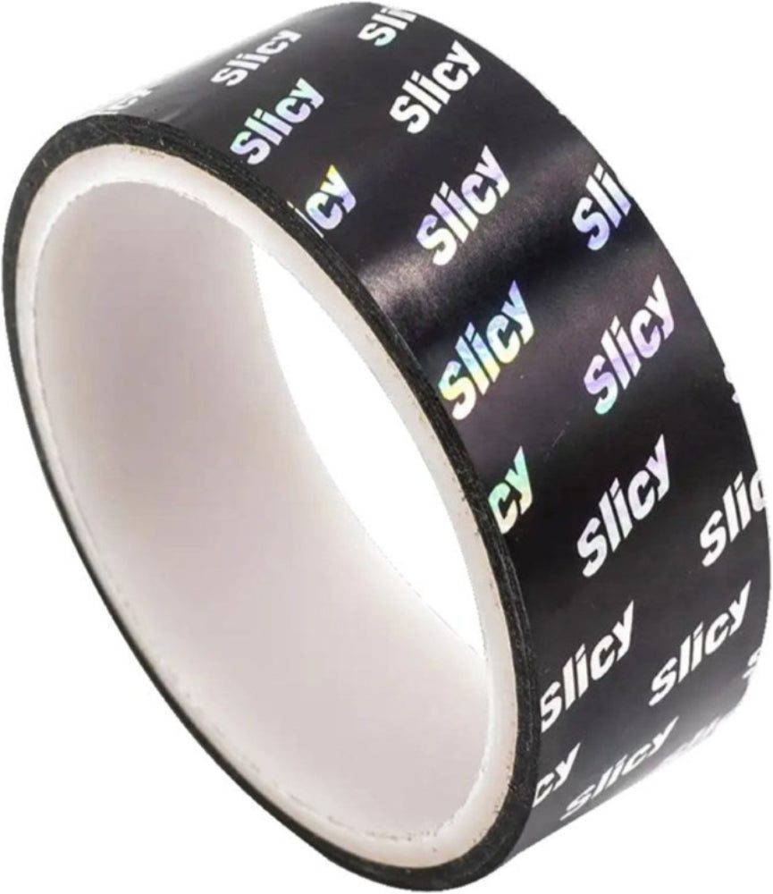 Holographic tubeless rim tape by Slicy, sticky loop design, accessories for bicycle wheels, shown on rim in image RITA-5026.