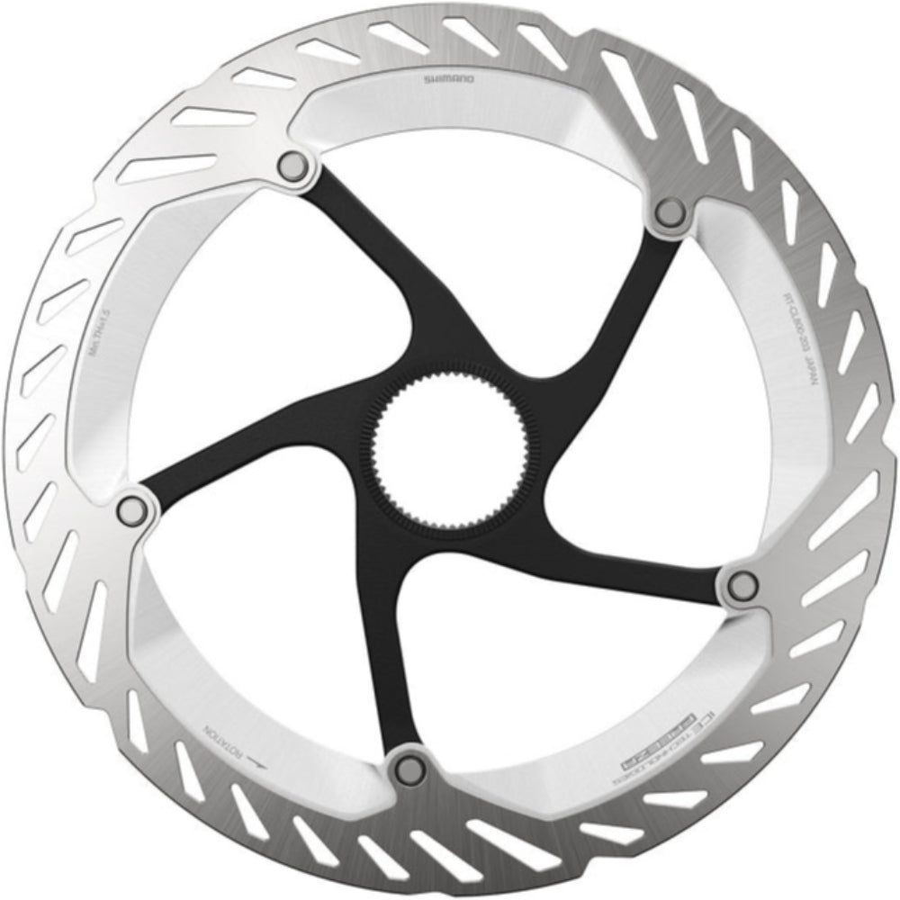 Shimano CL800 Ice-Tech Centerlock disc brake rotor for mountain bikes, showing silver rotor with ventilation holes and centerlock hub.