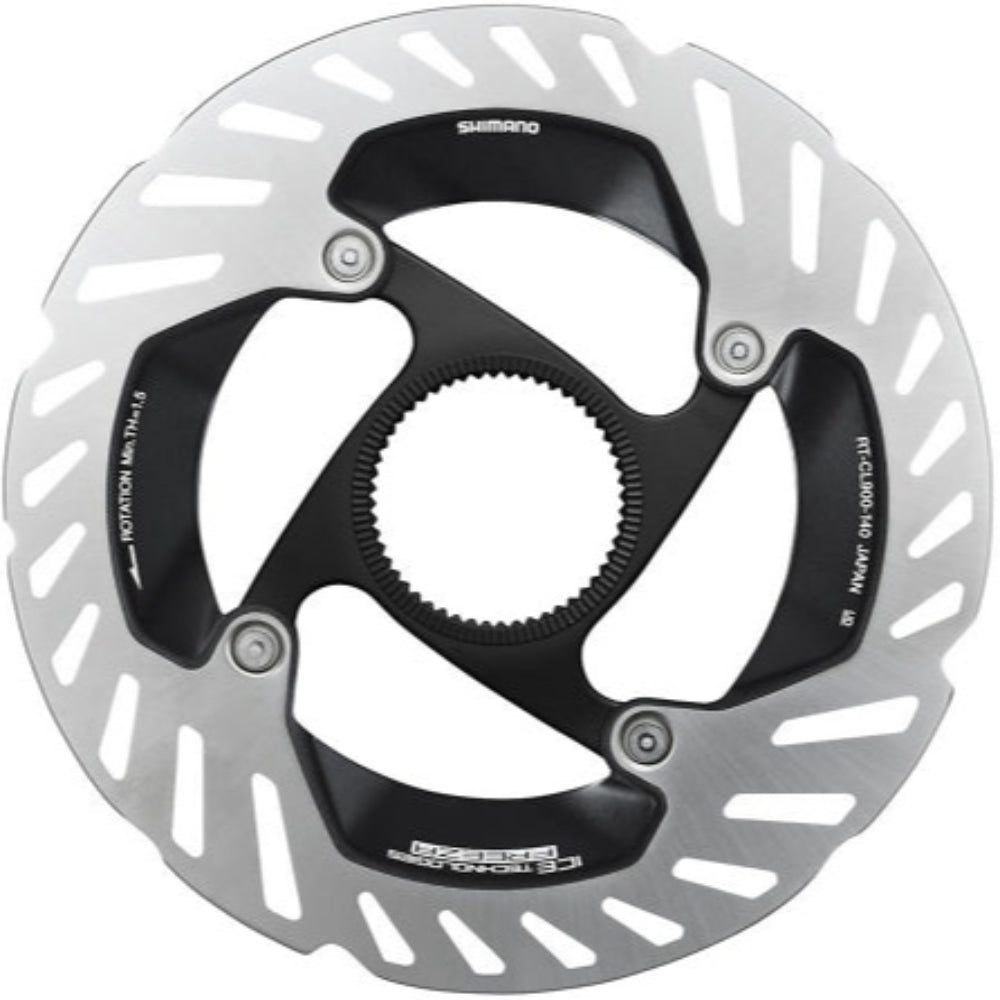 Shimano CL900 Ice-Tech Centerlock disc brake rotor for mountain bikes, showing the vented stainless steel design and centerlock mounting.
