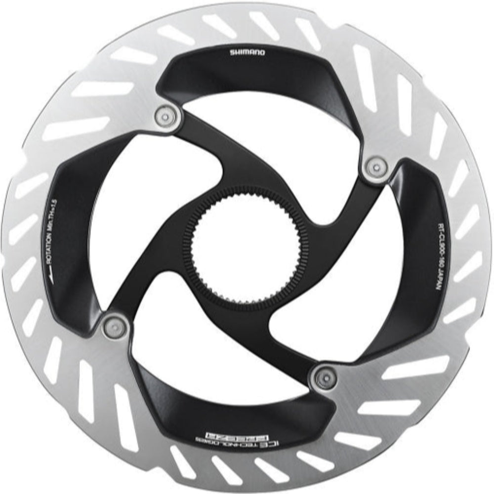 Shimano CL900 Ice-Tech Centerlock disc brake rotor for mountain bikes, showing the rotor with cooling fins and centerlock mount design.