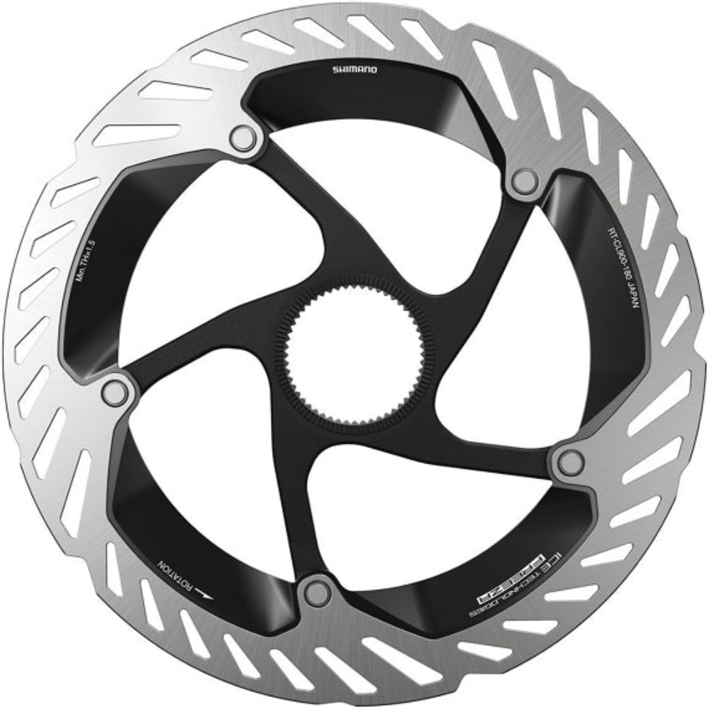 Shimano CL900 Ice-Tech Centerlock disc brake rotor showing the silver metal rotor with cooling fins and centerlock mounting hole.