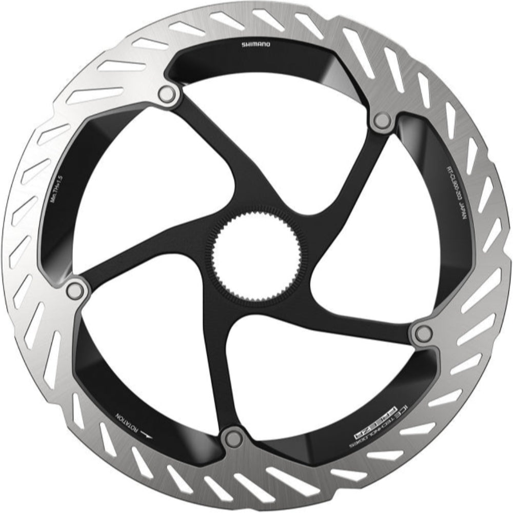 Shimano CL900 Ice-Tech Centerlock disc brake rotor for bike, showing the silver rotor with centerlock hub mount and cooling fins.