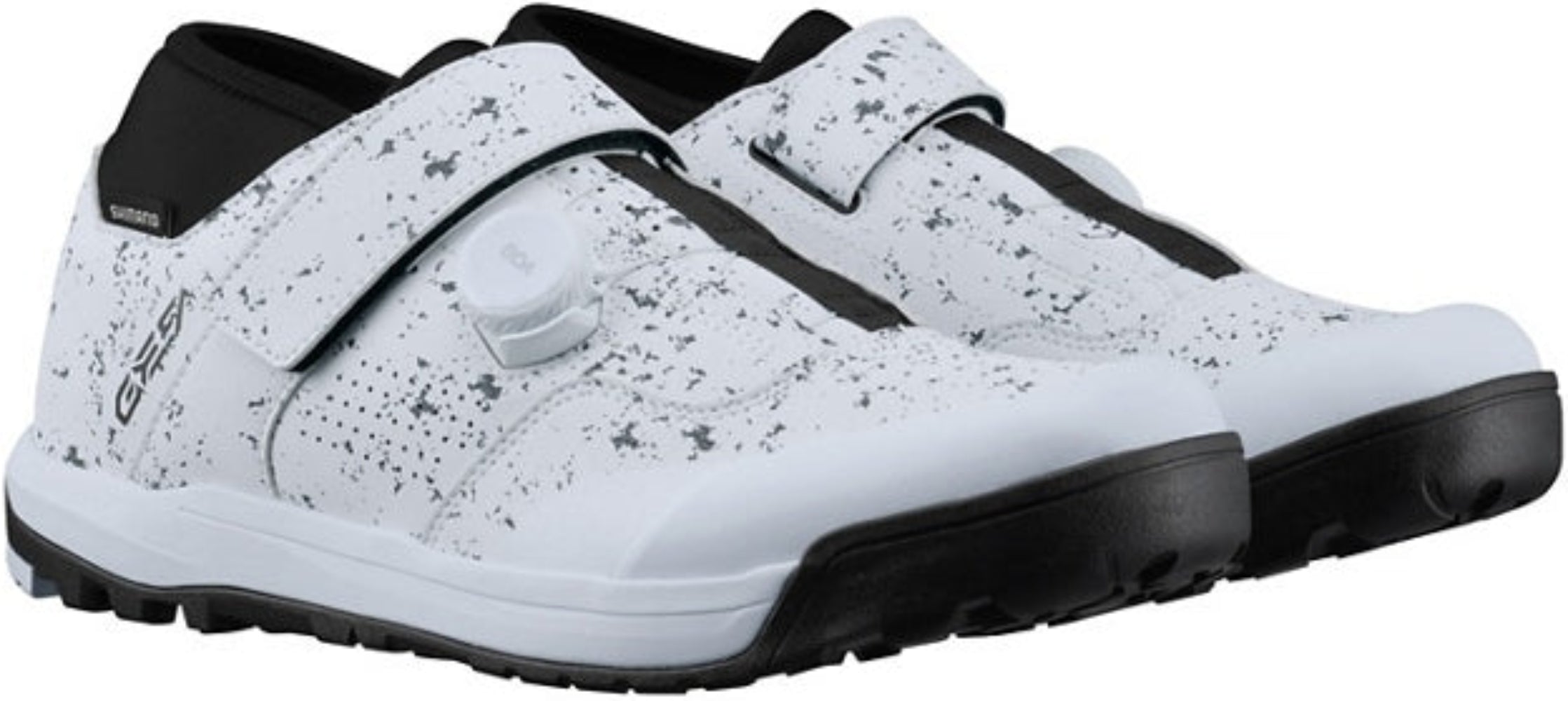 Shimano GE900 HS men's mountain bike shoes with black and gray design, featuring durable construction and secure fastening.