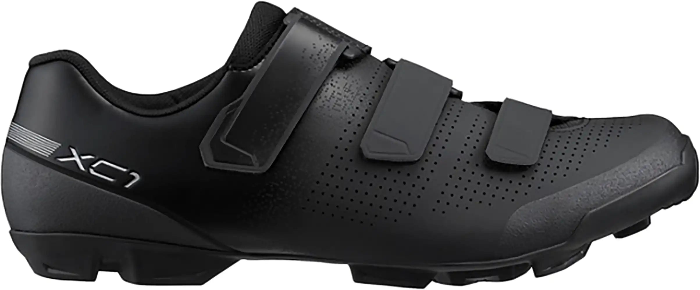 Shimano XC102 men's MTB shoes with black and blue design, featuring rugged soles and secure fastening for mountain biking.