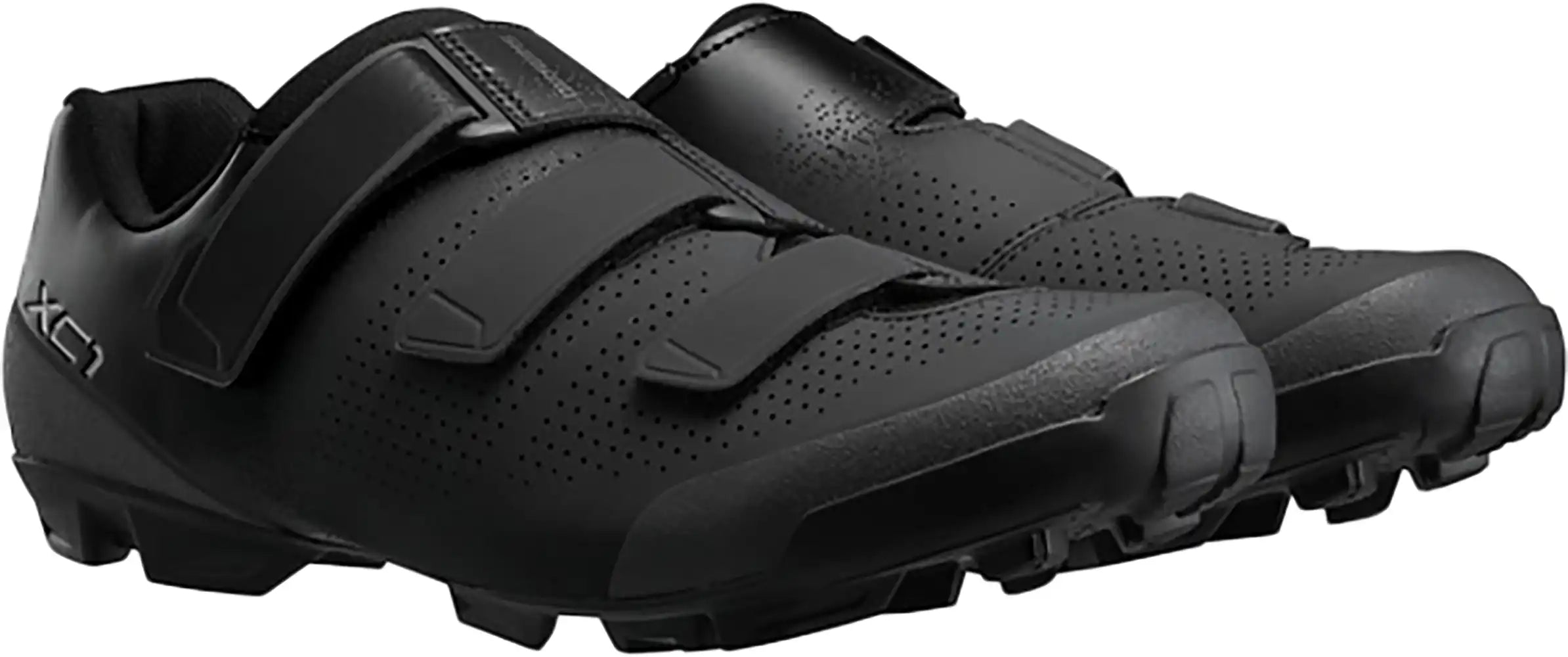 Shimano XC102 men's mountain bike shoes with black and gray design, featuring durable construction and secure fastening system.