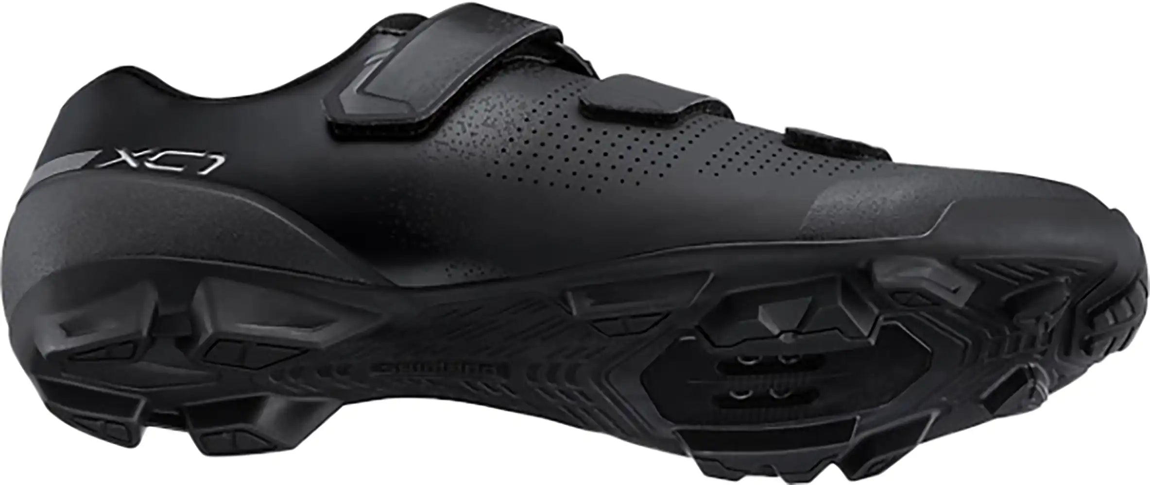 Shimano XC102 men's MTB shoes with black and gray design, featuring rugged soles and secure closure for mountain biking.