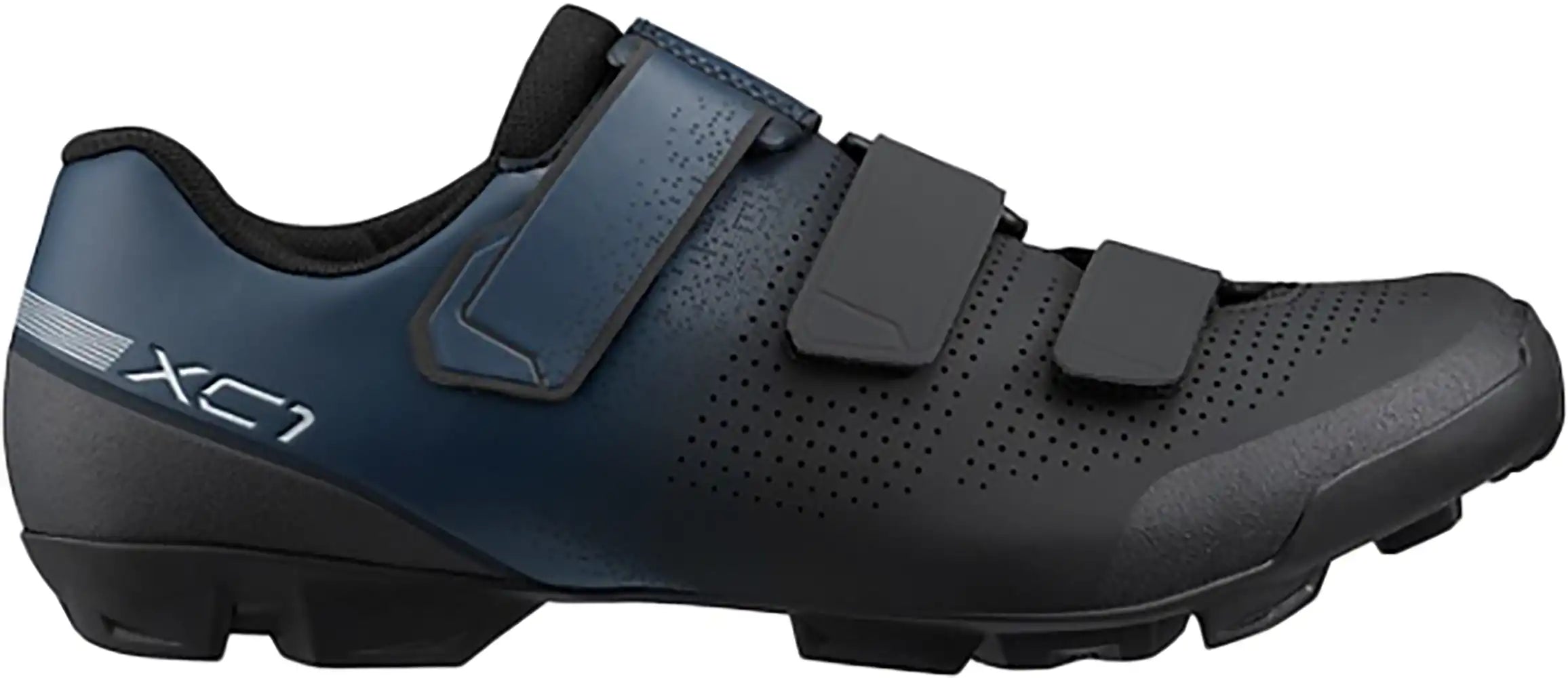 Shimano XC102 women's mountain biking shoes with black and gray design, featuring rugged soles and secure strap closures.