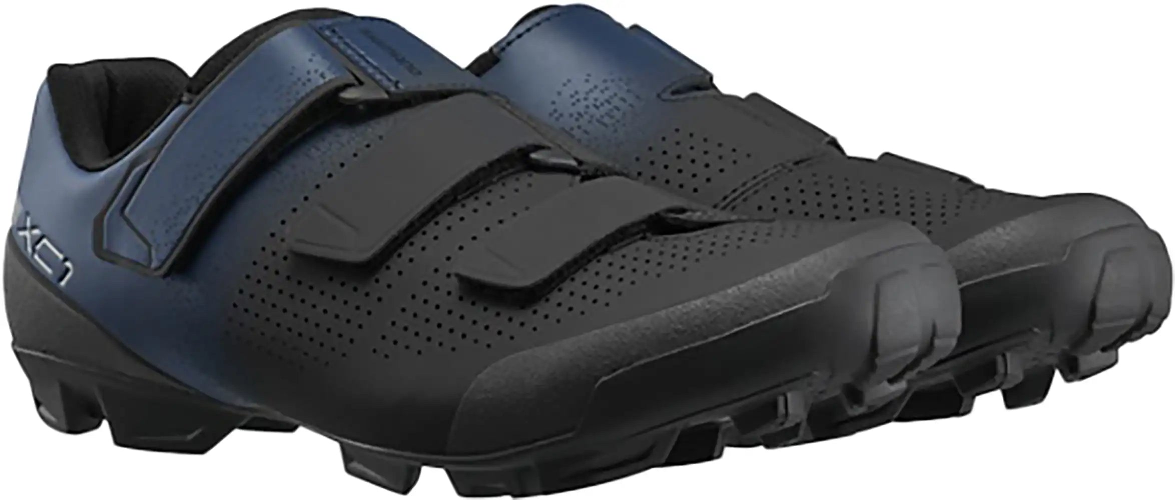 Shimano XC102 women's mountain biking shoes with black and white design, featuring durable sole and secure fastening system.