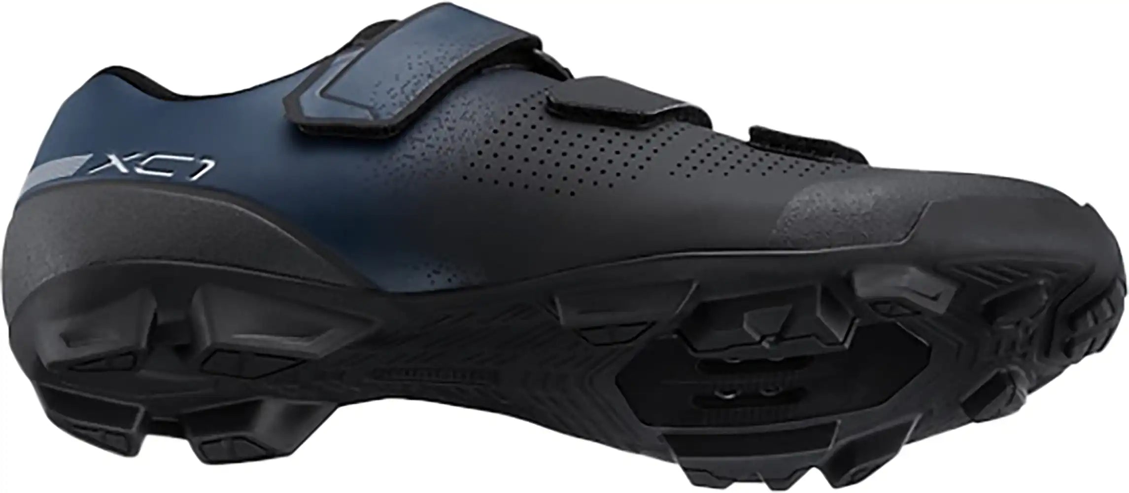 Shimano XC102 women's mountain biking shoes with black and purple design, featuring durable uppers and rugged rubber soles.
