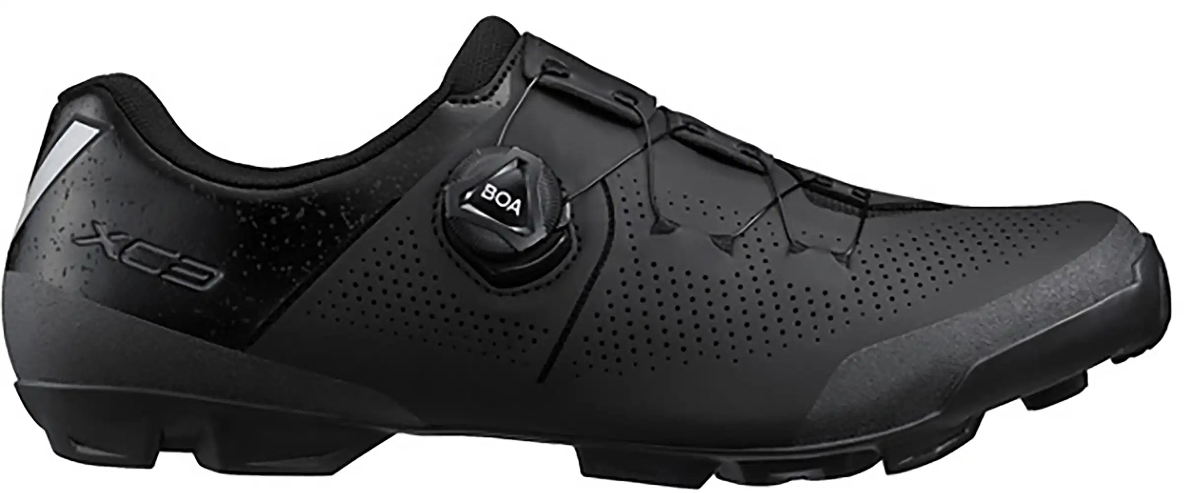 Shimano XC302 men's mountain biking shoes with black and gray design, featuring durable uppers and rugged soles for MTB riding.