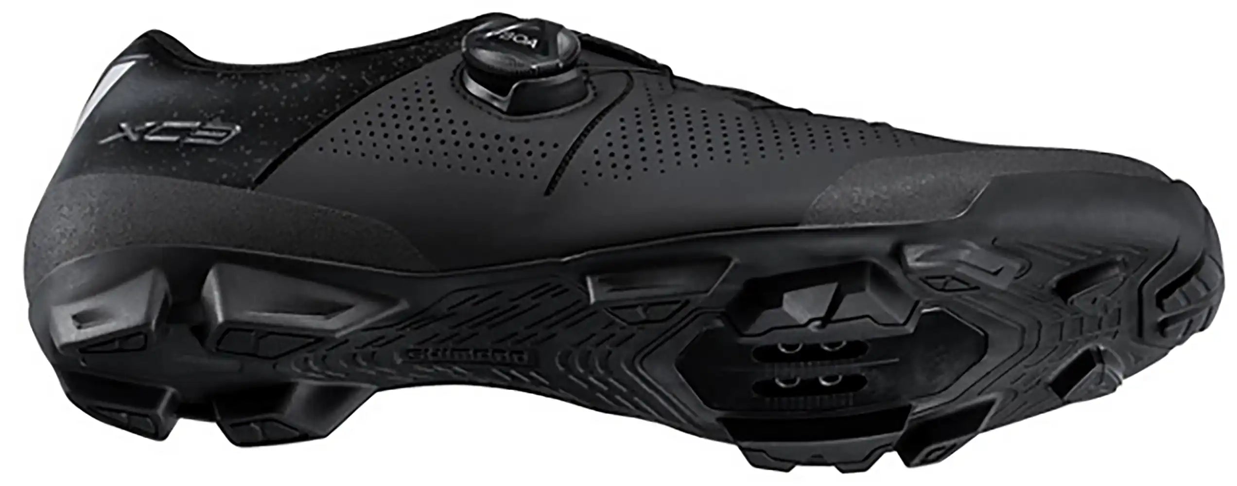 Shimano XC302 men's MTB shoes in black with white accents, featuring rugged sole and secure lacing for mountain biking.