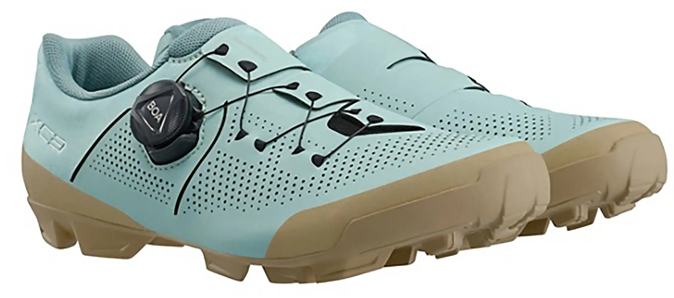 Shimano XC302 women's mountain biking shoes with black and white design, featuring durable construction and secure closure.