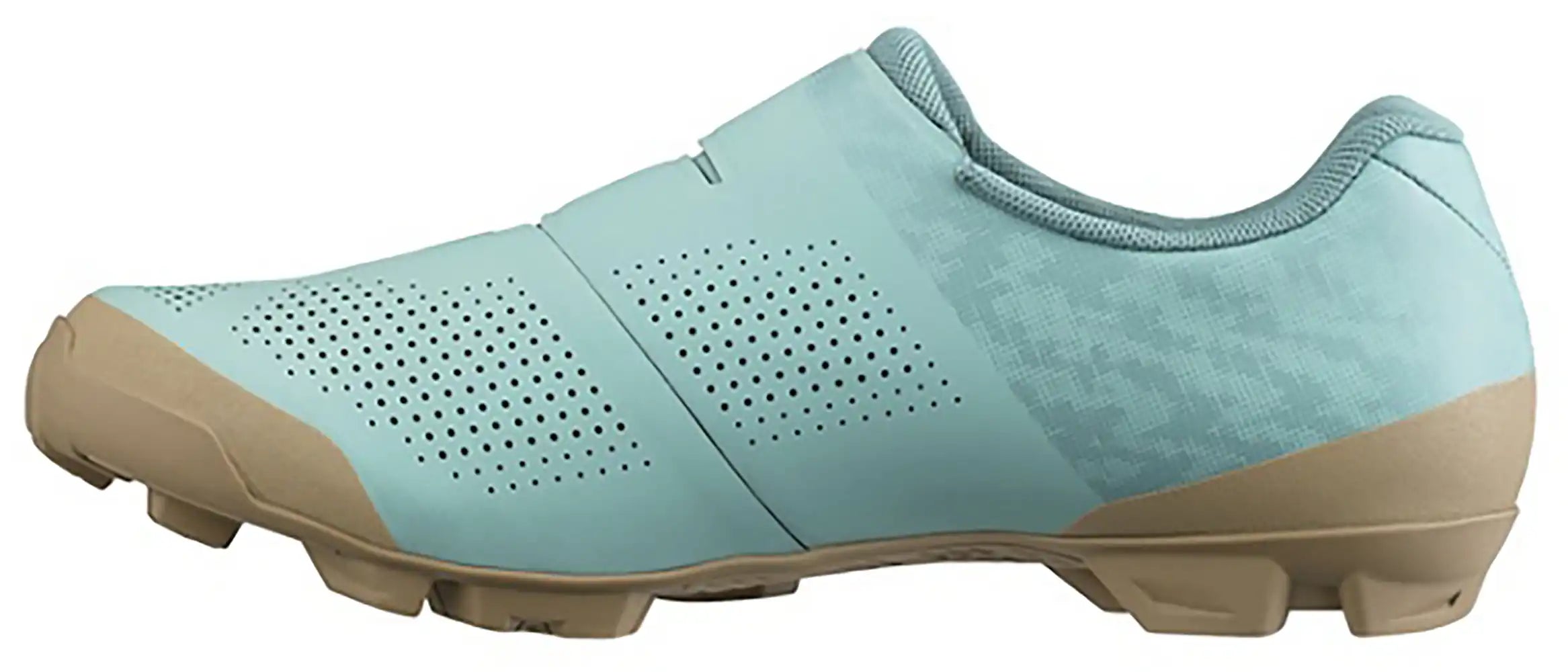 Shimano XC302 women's MTB shoes in black with white accents, featuring rugged soles and secure straps for mountain biking.