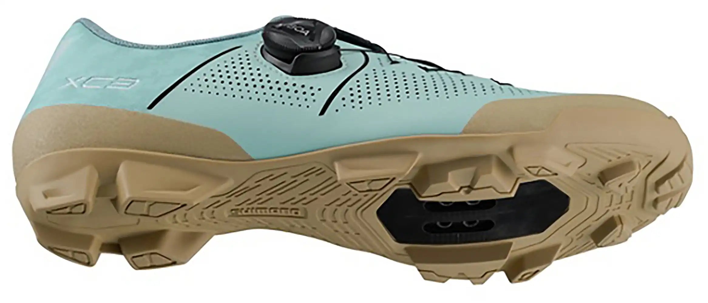 Shimano XC302 women's mountain biking shoes with black and pink details, designed for trail riding and cycling performance.