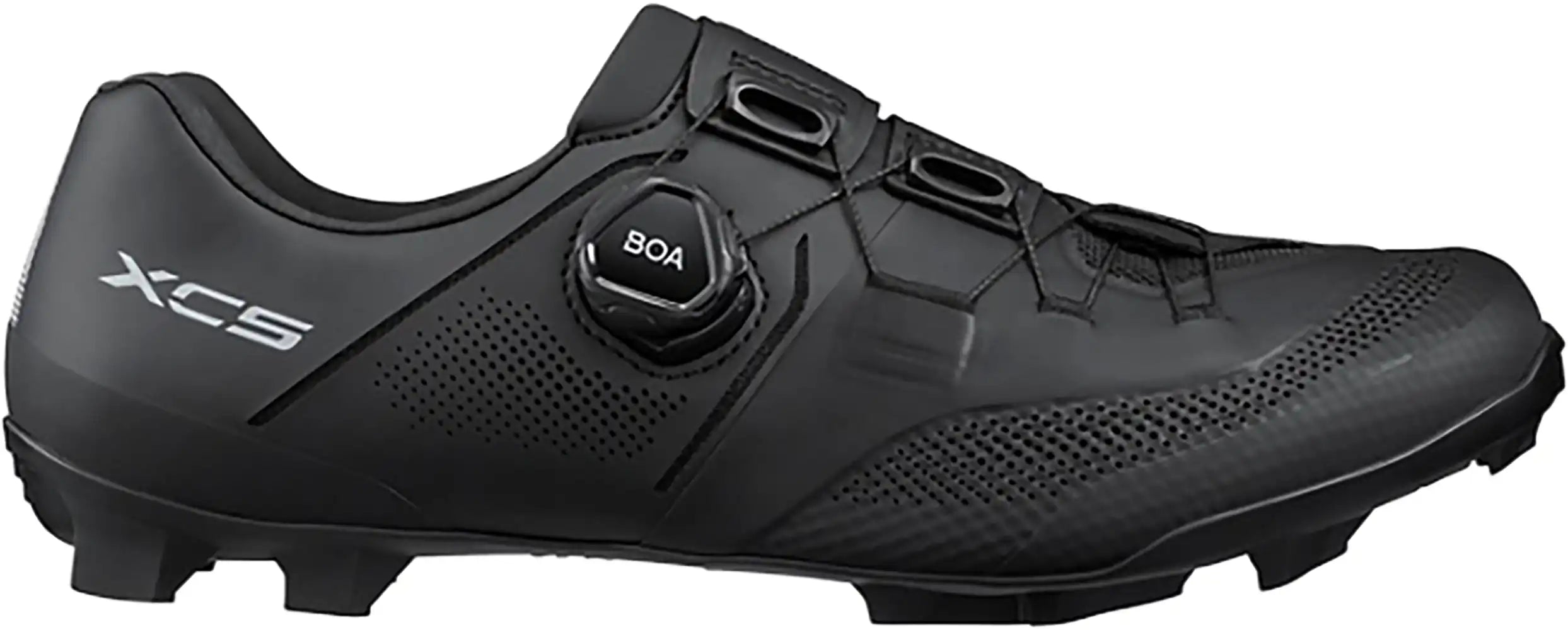 Shimano XC503 men's mountain bike shoes with black and white design, featuring rugged soles and secure fastening for off-road cycling.