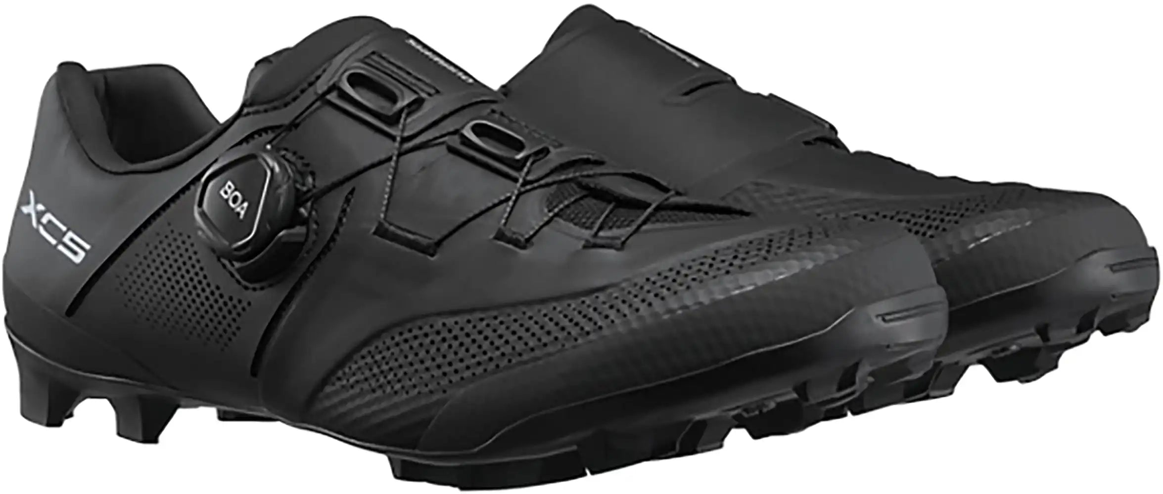 Shimano XC503 men's mountain biking shoes with black and gray design, featuring rugged soles and secure strap closures.
