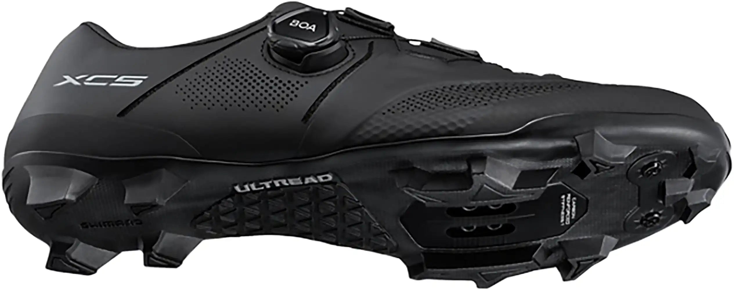 Shimano XC503 men's mountain biking shoes with black and white design, featuring durable construction and secure closure system.