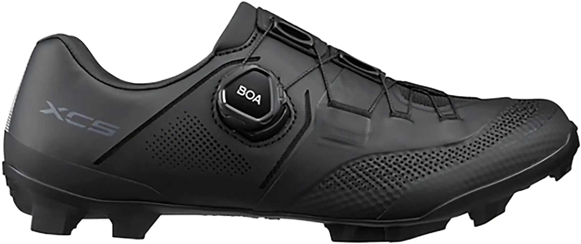 Shimano XC503 Womens MTB shoes in black with white accents, featuring a secure closure system and rugged sole for mountain biking.