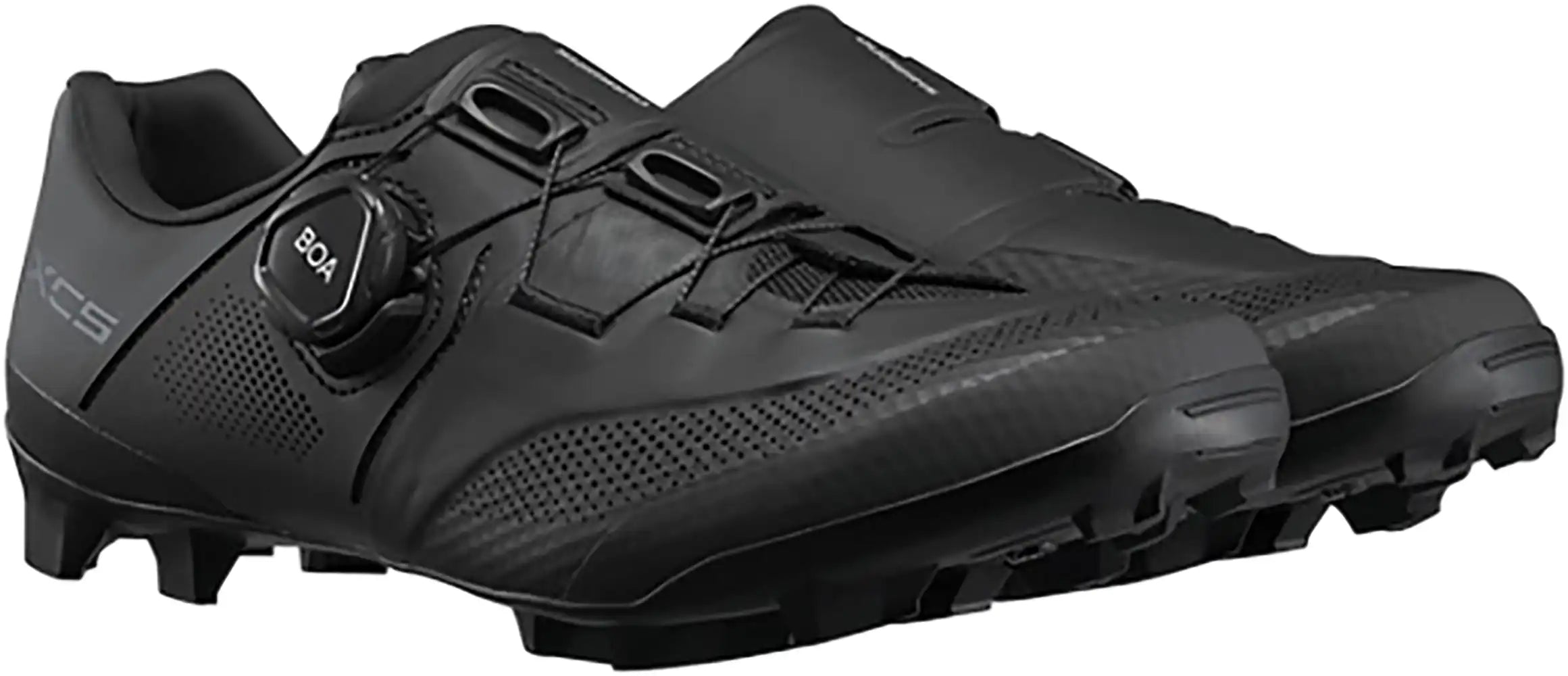 Shimano XC503 women's mountain biking shoes with black and white design, featuring clipless pedal compatibility and breathable mesh uppers.