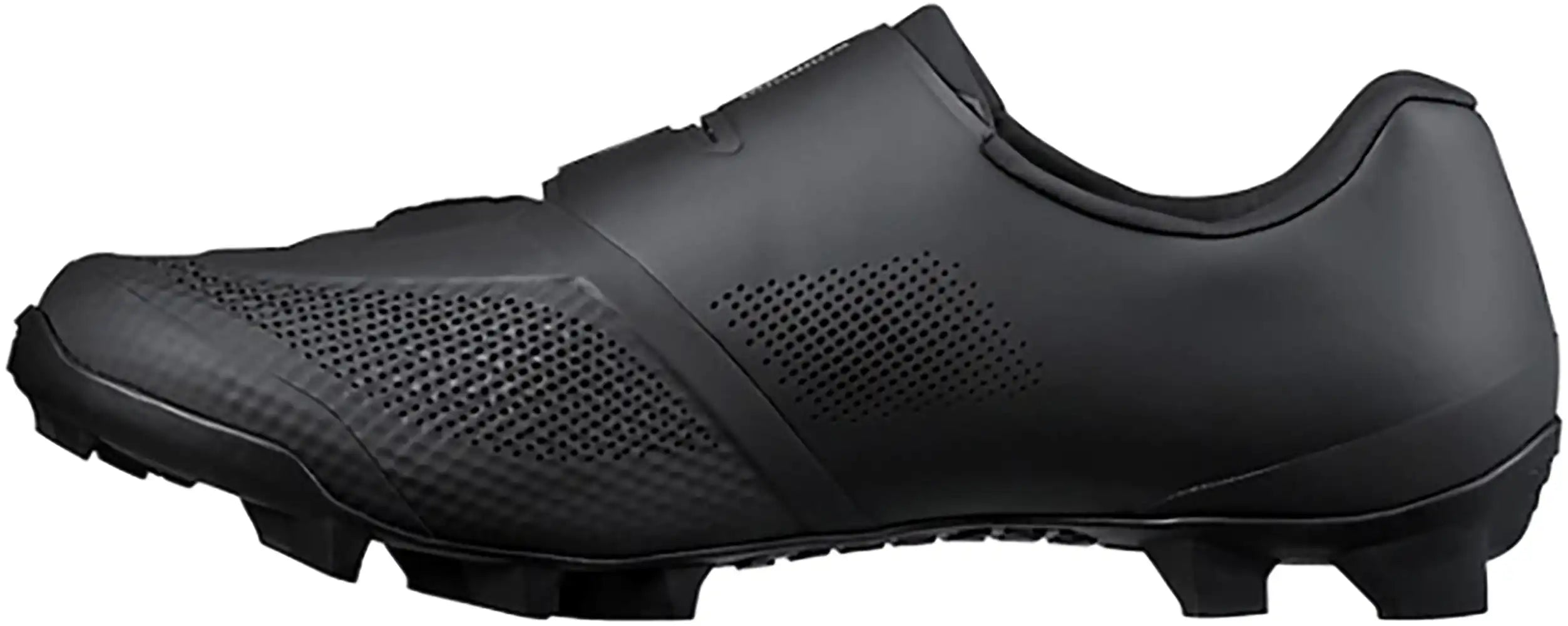 Shimano XC503 women's mountain biking shoes with black and white design, featuring rugged outsoles and secure fastening straps.