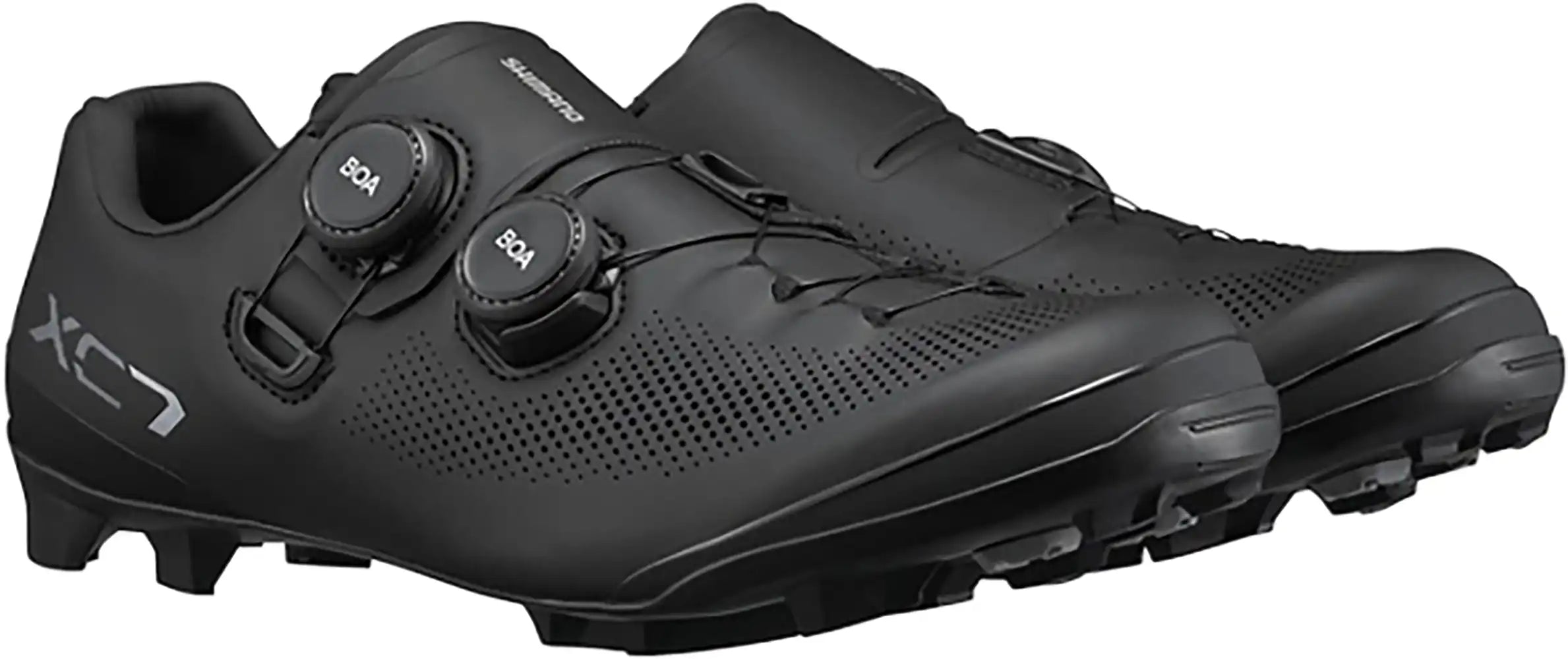 Shimano XC703 men's mountain biking shoes with black and red design, featuring durable soles and secure fastening system.