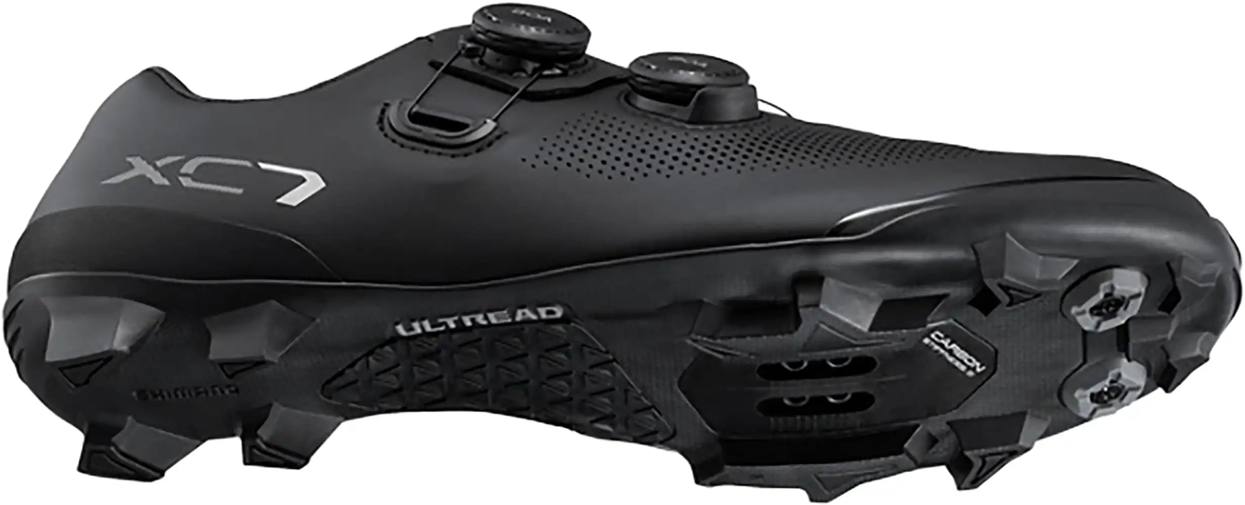 Shimano XC703 men's mountain biking shoes with black and gray design, durable sole, and secure fastening system.