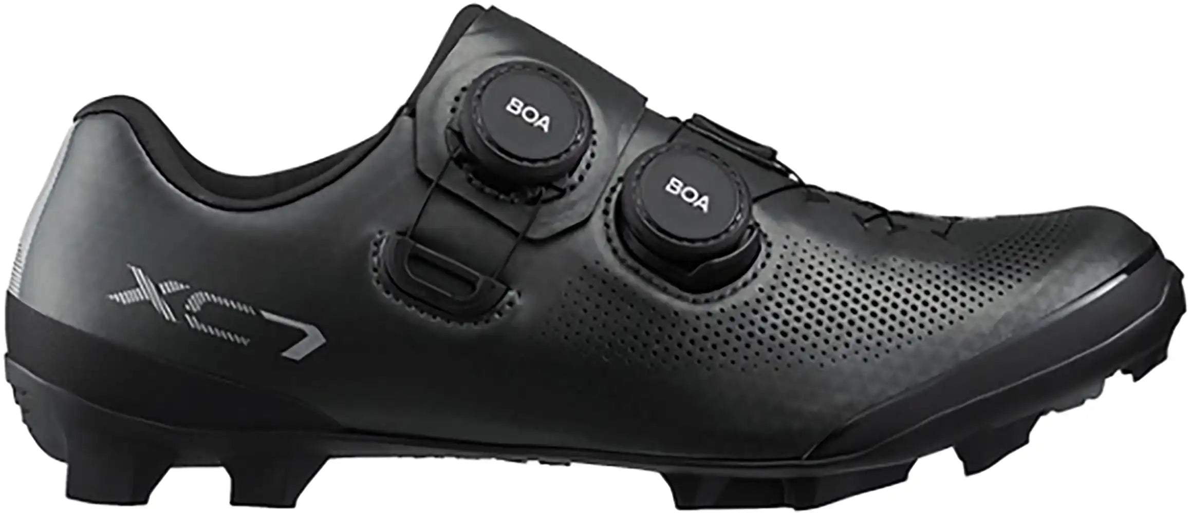 Shimano XC703 women's MTB shoes featuring a black and grey design with secure lacing and rugged soles for mountain biking.