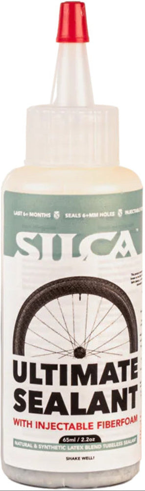 Silca Ultimate Tubeless Sealant bottle, bike accessories for tubeless tire sealing, with detailed label and transparent container.