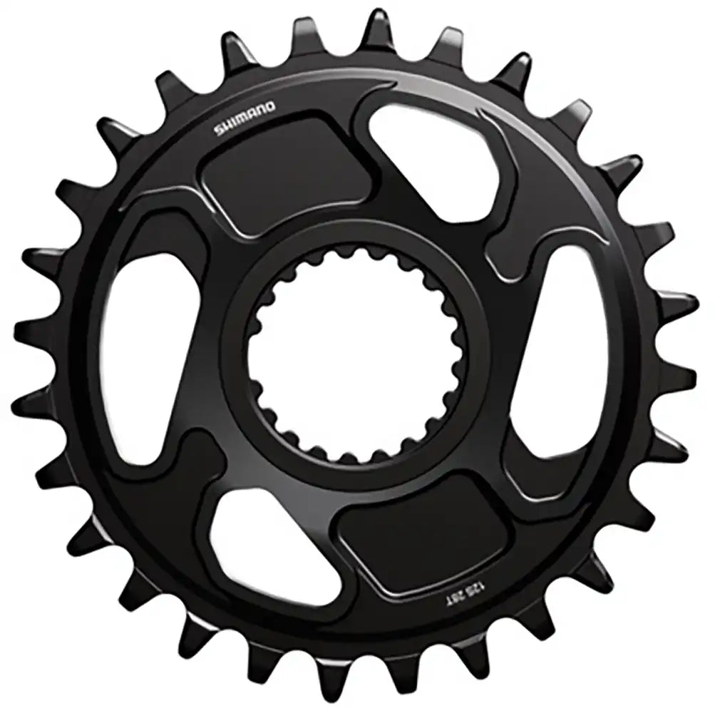 Shimano XT CRM86 12-speed chainring with 28 teeth, shown with mounting holes and black finish for mountain bike drivetrain parts.