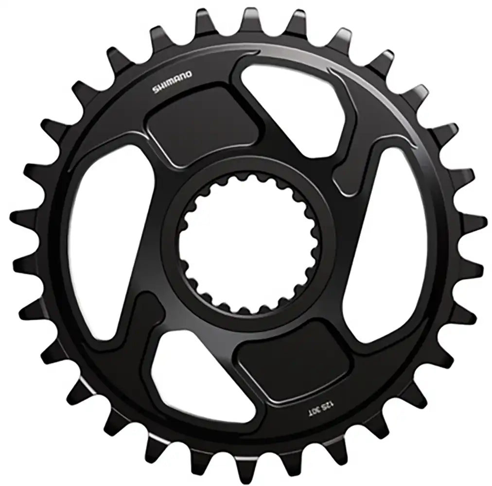 Shimano XT CRM86 12-speed chainring with 30-tooth sprocket for mountain bike cranksets, shown in black with mounting holes.